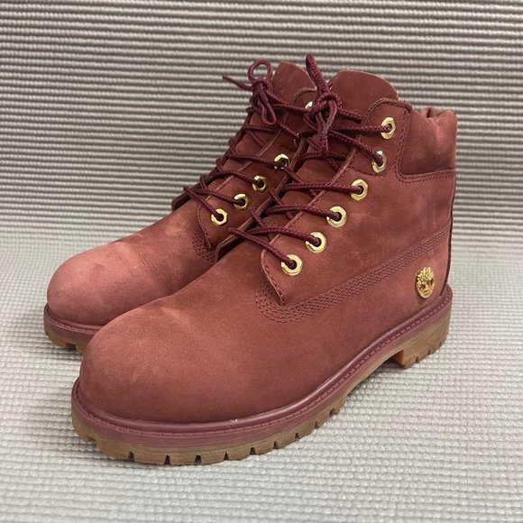 Timberland Youth Kids Size 2 Classic 6 inch Burgundy Red Premium Leather Boots - Picture 5 of 12